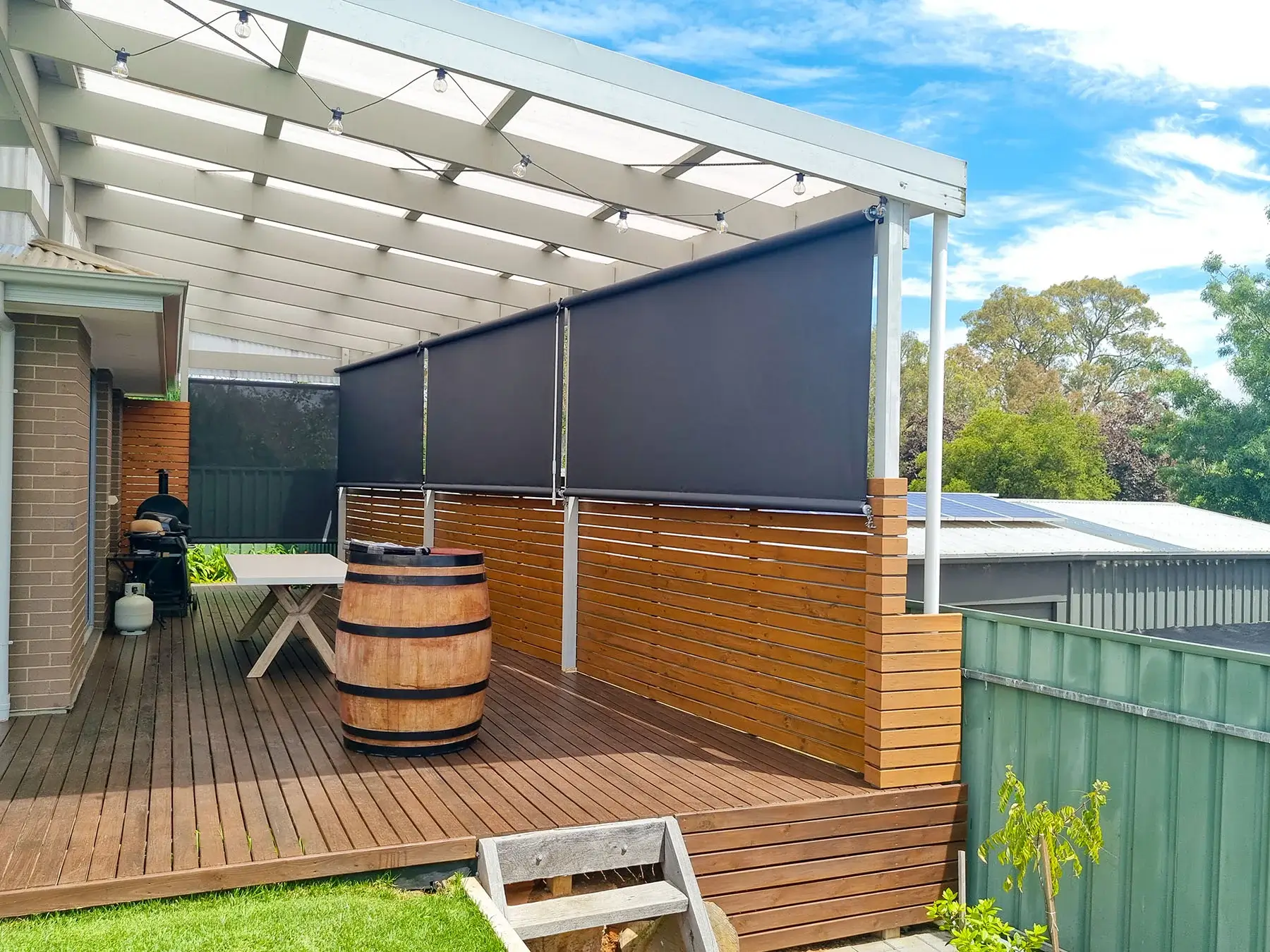 straight drop blinds on an outdoor patio